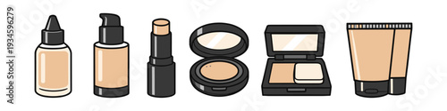 Collection of foundation makeup products in various packaging styles and forms