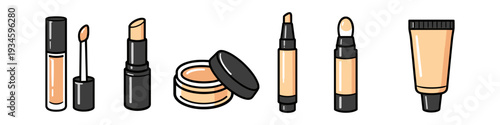 Collection of various concealer and foundation makeup products in cartoon style