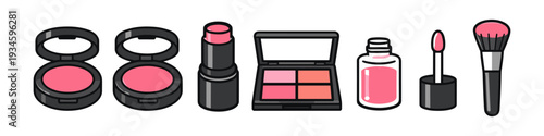 Collection of colorful makeup items including blush, lipstick, eyeshadow, and brush