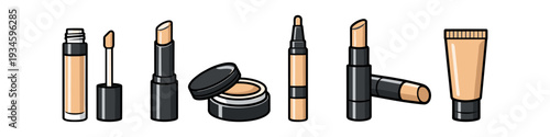 Collection of various concealer and foundation makeup products in different packaging styles