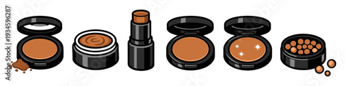Collection of various makeup products for contouring and foundation application