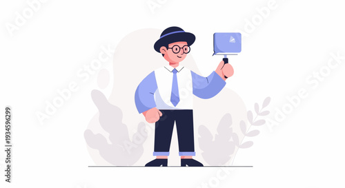 Stylized man in hat and glasses holds up a blue screen device with a plant motif background