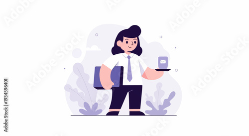 A smiling person in business attire holds a briefcase and a tray with a mail icon