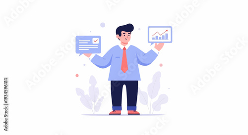 Businessman holding two speech bubbles, one with a checkmark and the other with a graph
