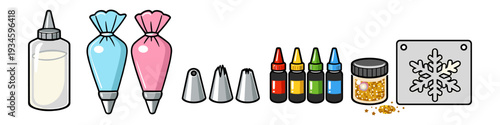 Baking and decorating supplies for cakes and cookies, including piping bags, tips, colors, and glitter