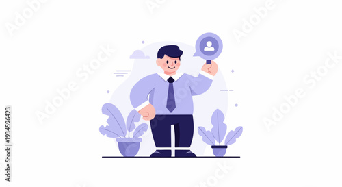 Cheerful man in a shirt and tie holds magnifying glass with person icon