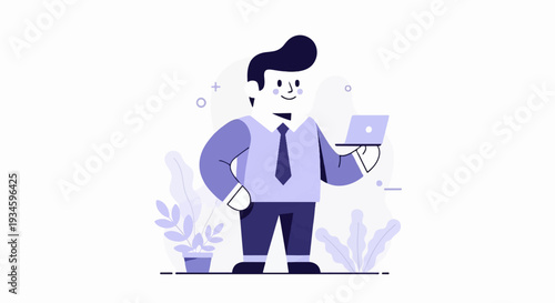 Cheerful businessman in suit holding a laptop, standing near potted plants