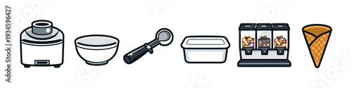 Collection of ice cream making and serving tools and equipment