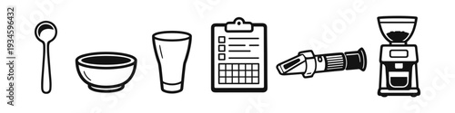 Collection of coffee brewing and tasting equipment icons on a white background
