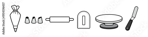 Collection of baking tools for cake decorating and pastry making, illustrated in a simple line art style