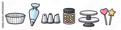 Baking and decorating supplies for cakes and cupcakes, including piping bag, tips, sprinkles, and stands