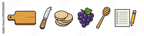 Wooden cutting board, cheese knife, crackers, grapes, honey dipper, and checklist with pencil