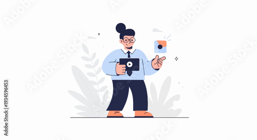 A person in light blue shirt and dark pants holds a tablet with a play button icon