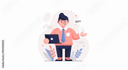 Flat illustration of a businessman holding a laptop, with abstract shapes and plants