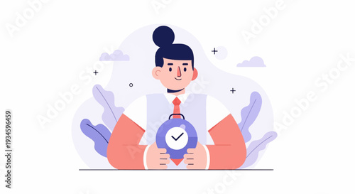 Person holding a pocket watch with a checkmark, surrounded by abstract shapes and plants
