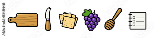 Flat design icons of cheese board elements, grapes, honey dipper, and checklist