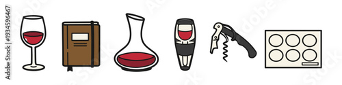 Collection of wine accessories including a glass, decanter, aerator, corkscrew, and tasting tray