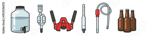 Home brewing equipment collection including fermenter, hydrometer, capper, and bottles