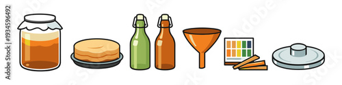Kombucha brewing supplies including SCOBY, bottles, funnel, pH strips, and fermentation lid