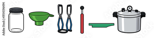 Home canning supplies including jar lifter, funnel, lid wand, and pressure cooker