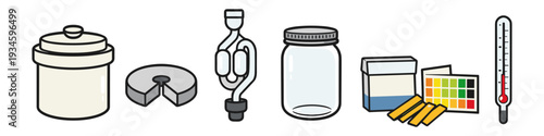 Fermentation supplies including crock, airlock, jar, pH strips, and thermometer