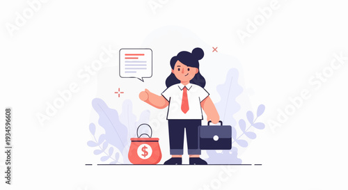 A cartoon woman in business attire with a briefcase and money bag