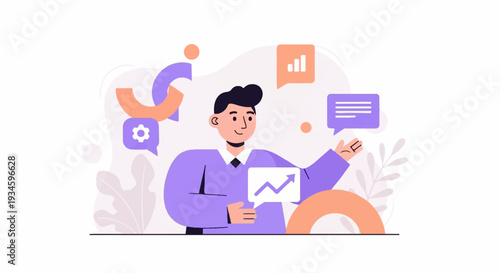 Cheerful man presents upward trend graph with chat bubbles and abstract shapes