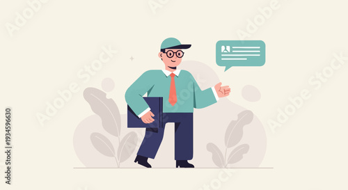 A person with a briefcase, tie, and cap walks forward, gesturing to communicate