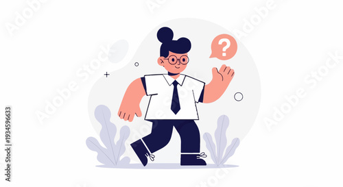 Cartoon figure with question mark symbol, wearing glasses and business attire, raising hand