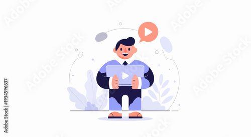 Cheerful person holding tablet with play button, surrounded by abstract shapes and plants