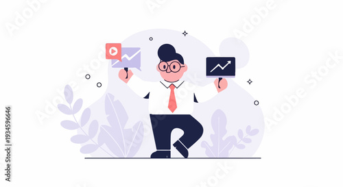 A stylized figure in a suit holds up a notification bubble and a growth chart