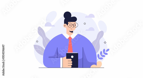 A stylized person with glasses and a tie holds a dark device