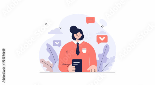 Illustration of a smiling person in formal wear holding a tablet, surrounded by stylized foliage and message icons