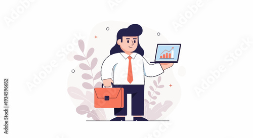 A person in business attire holds a laptop showing a financial chart and a briefcase