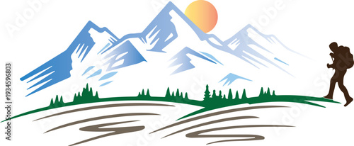 Mountain Hiking Adventure Vector with Backpacker and Sunset Landscape