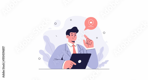 Businessman with tablet and location marker in speech bubble, abstract background