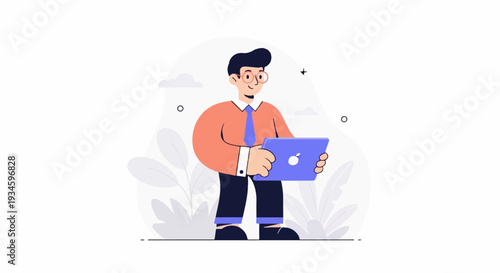 A person in professional attire holds a laptop with a logo