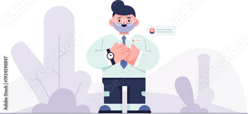 Stylized man with glasses, mustache, tie, and watch, stands amidst abstract plants