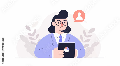 Professional woman in suit holding tablet, with user icon and plants