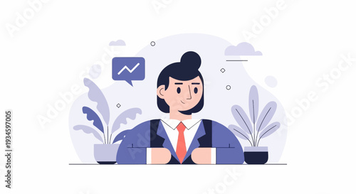 Professional individual in business attire, with plants and data visualization