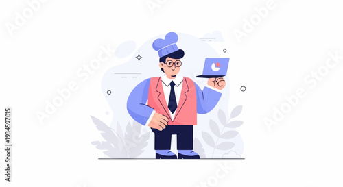 Chef in a pink vest, blue jacket, and tall hat holds a laptop with a pie chart