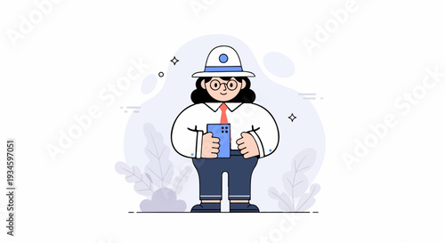 Person in hat holding phone, surrounded by soft shapes and plants