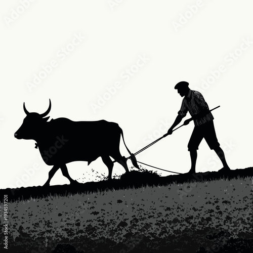Cow and calf on the beach and farm in playful silhouette illustration