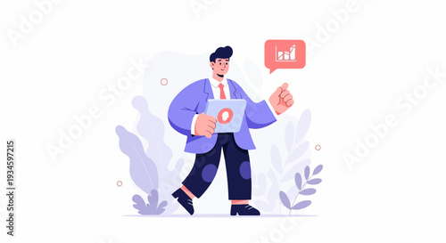 A person in a suit holds a tablet with a chart and gives a thumbs up