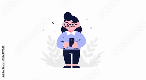 A flat illustration of a person with dark hair, glasses, and a blue sweater holding a smartphone
