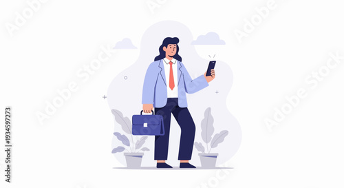 Professional person in suit, holding briefcase, checking mobile phone amidst plants