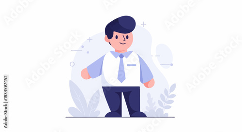 A smiling, stylized man in business attire stands against a simple background with abstract shapes and leaves