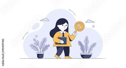 A woman holds a magnifying glass with a dollar sign, looking for financial success