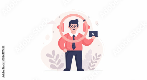 Man with headphones and laptop, smiling, wearing glasses, shirt, tie and pants