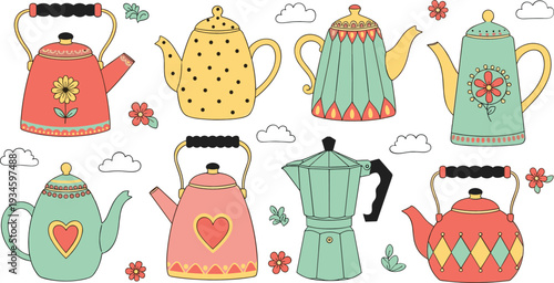 Cute Vintage Teapot Collection with Floral Patterns and Retro Kitchen Kettle Cartoon Vector Illustration Set
